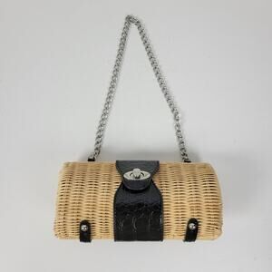 Womens Baguette Shoulder Bag Barrel Wicker Patent Leather Turn Lock Silver Chain